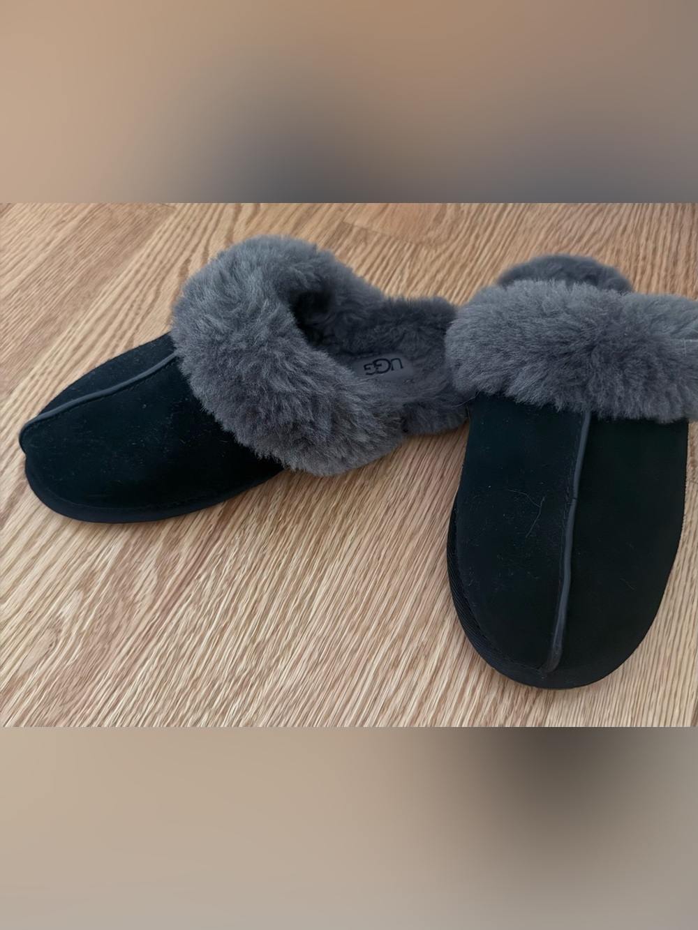 UGG size 6 Black Suede Slip-On Slippers with Gray Shearling Cuff. Like new